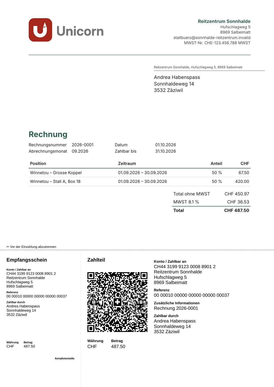 Pensionsrechnung 2026-0001 für September 2026: Stall A, Box 18 und Grosse Koppel des Pferdes Winnetou je zu 50 Prozent, zusammen CHF 487.50 inklusive 8.1 Prozent MWST, unten der Zahlteil mit QR-Code.