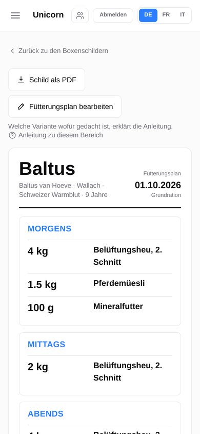 Futterplan des Pferdes Baltus auf dem Telefon: morgens Belüftungsheu, Pferdemüesli und Mineralfutter, mittags und abends Belüftungsheu, je mit Menge.