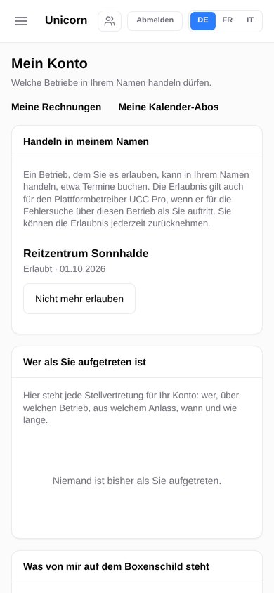 Mein Konto auf dem Telefon: Unter «Handeln in meinem Namen» ist das Reitzentrum Sonnhalde seit dem 01.10.2026 erlaubt, mit der Schaltfläche «Nicht mehr erlauben»; darunter, wer als die Person aufgetreten ist.