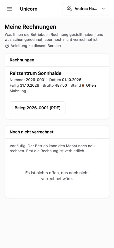 Meine Rechnungen auf dem Telefon der Reitbeteiligung: Rechnung 2026-0001 des Reitzentrums Sonnhalde über CHF 487.50, fällig am 31.10.2026, offen, mit dem Beleg als PDF.